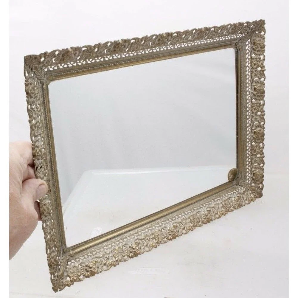 Whitewash Brass Filigree Flower Edge Tray Or Hanging Mirror Vintage